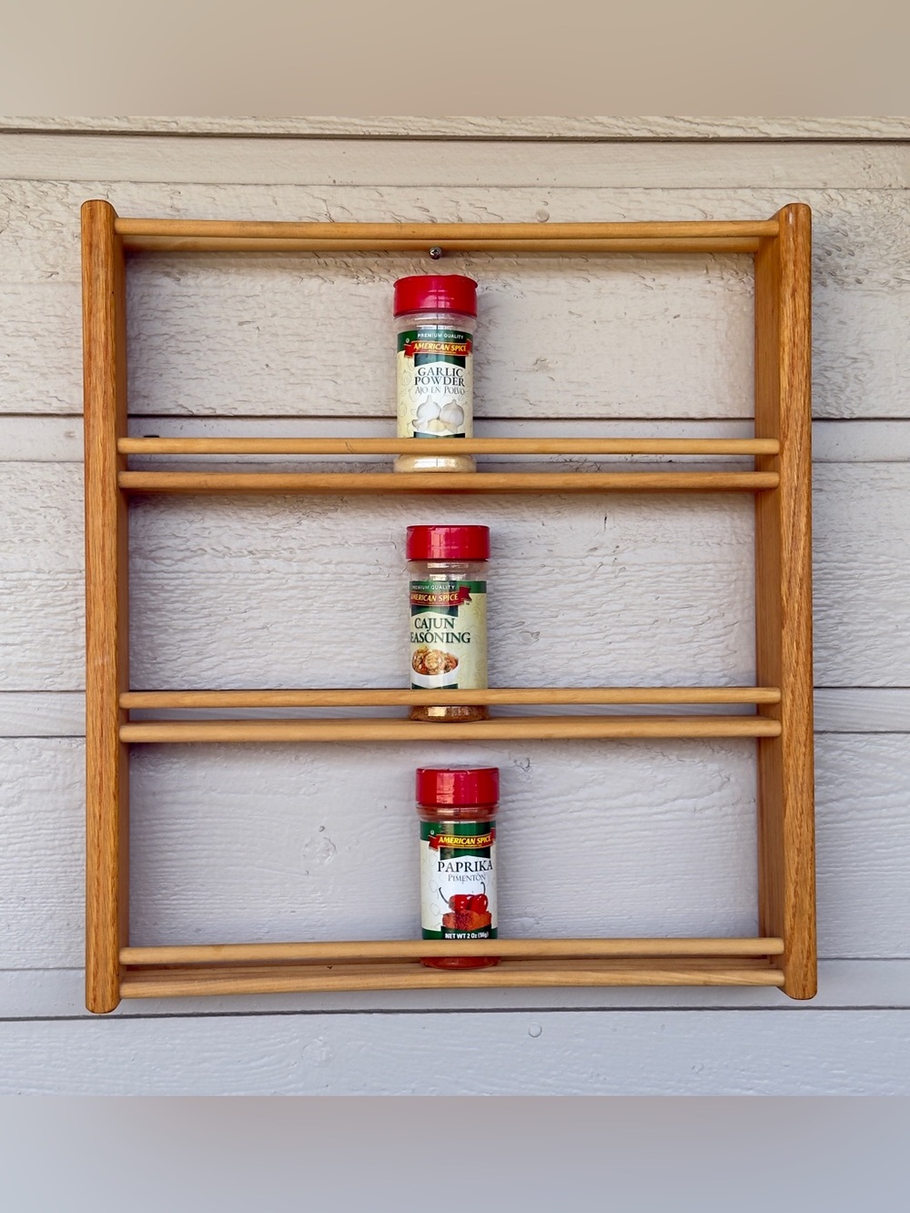 Vintage Danish Style Wall Mounted Wood Spice Rack Hand Crafted Kitchen Organizer